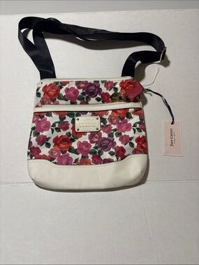 Juicy Couture White Floral Rose Crossbody Bag with Black Strap